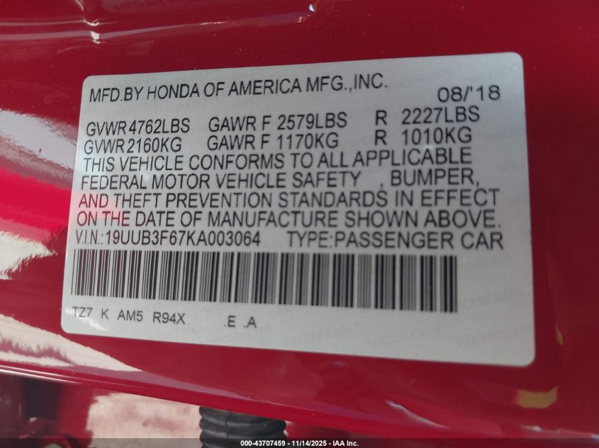 2019 Acura Tlx Tech A-Spec Pkgs VIN: 19UUB3F67KA003064 Lot: 43707459