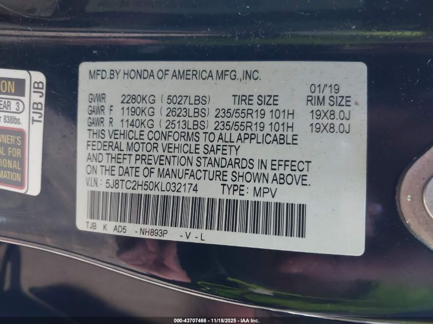 2019 Acura Rdx Technology Package VIN: 5J8TC2H50KL032174 Lot: 43707466