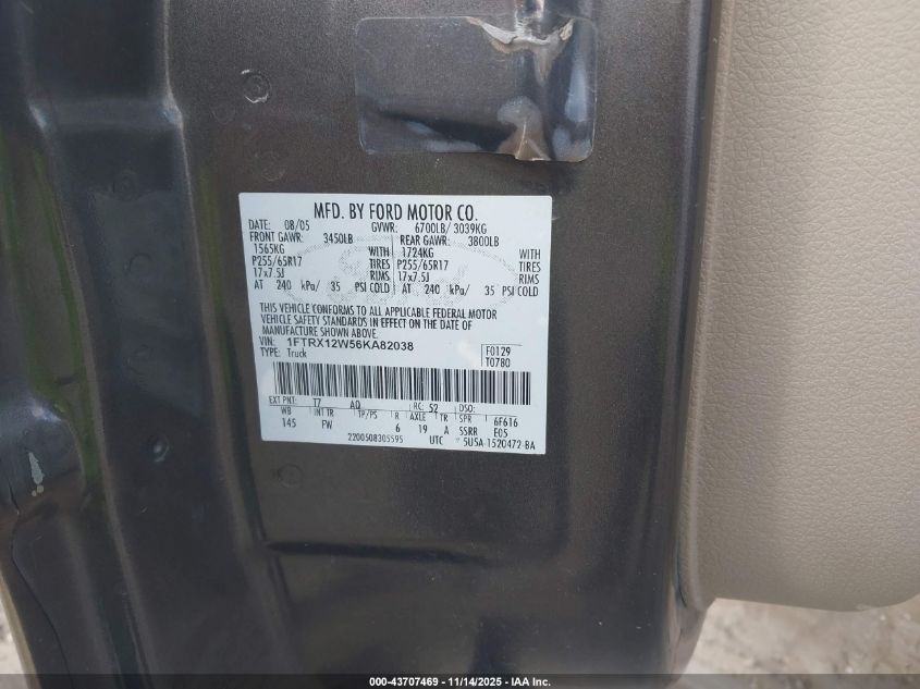 2006 Ford F-150 Stx/Xl/Xlt VIN: 1FTRX12W56KA82038 Lot: 43707469