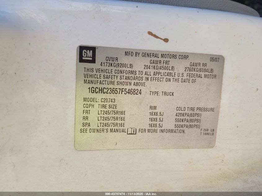 2007 Chevrolet Silverado 2500Hd Lt2 VIN: 1GCHC23657F546824 Lot: 43707474
