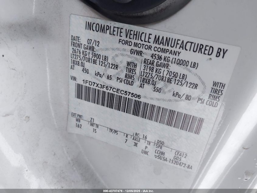 2012 Ford F-350 Chassis Xl VIN: 1FD7X3F67CEC57506 Lot: 43707476