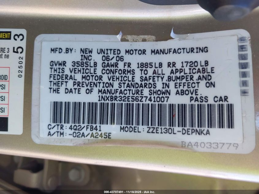 2006 Toyota Corolla Le VIN: 1NXBR32E56Z741007 Lot: 43707491