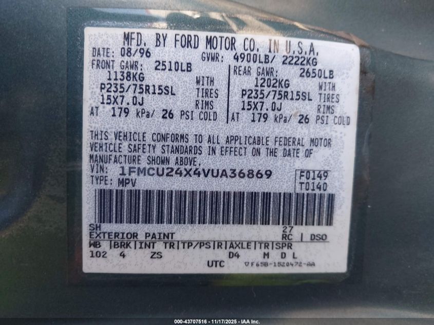 1997 Ford Explorer Sport/Xl VIN: 1FMCU24X4VUA36869 Lot: 43707516
