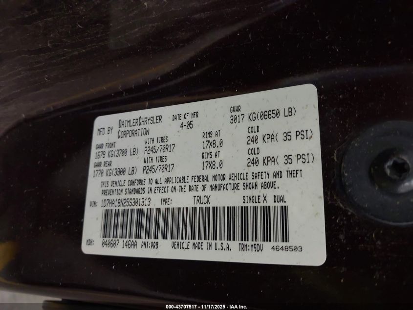 2005 Dodge Ram 1500 Slt/Laramie VIN: 1D7HA18N25S301313 Lot: 43707517