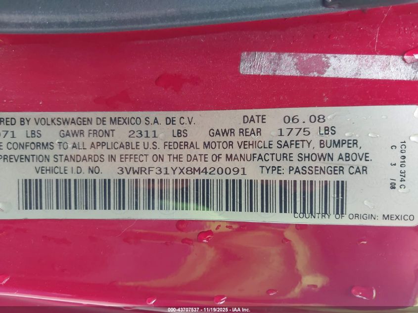 2008 Volkswagen New Beetle Se VIN: 3VWRF31YX8M420091 Lot: 43707537