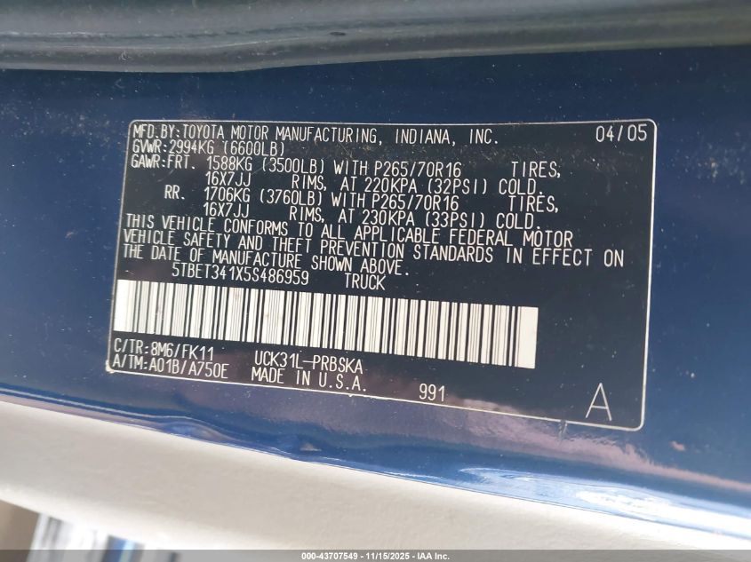 2005 Toyota Tundra Sr5 V8 VIN: 5TBET341X5S486959 Lot: 43707549