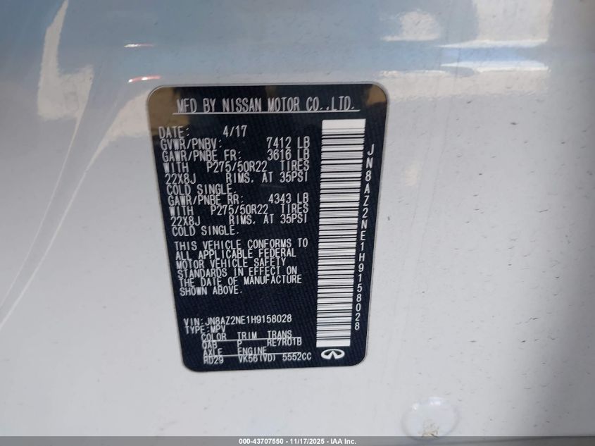 2017 Infiniti Qx80 VIN: JN8AZ2NE1H9158028 Lot: 43707550