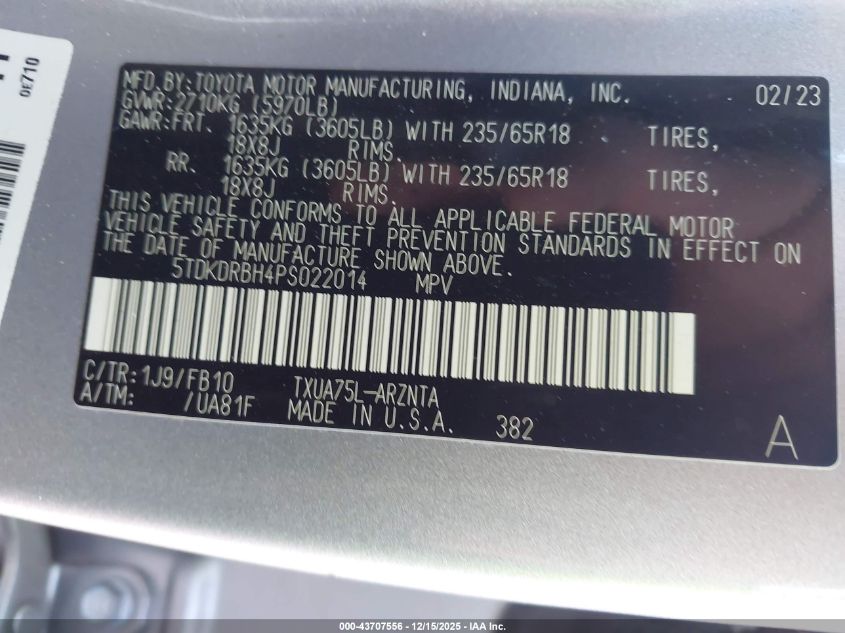 2023 Toyota Highlander Le VIN: 5TDKDRBH4PS022014 Lot: 43707556