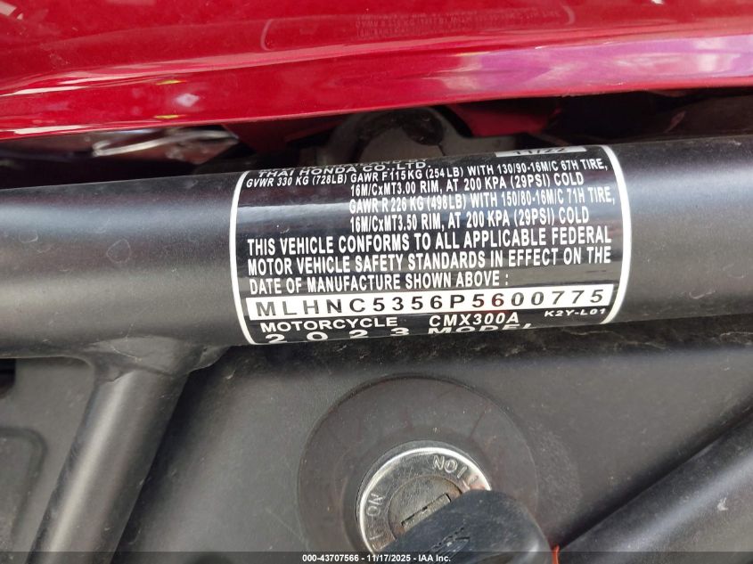 2023 Honda Cmx300 A VIN: MLHNC5356P5600775 Lot: 43707566