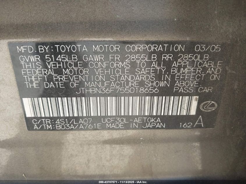 2005 Lexus Ls 430 VIN: JTHBN36F755018656 Lot: 43707571