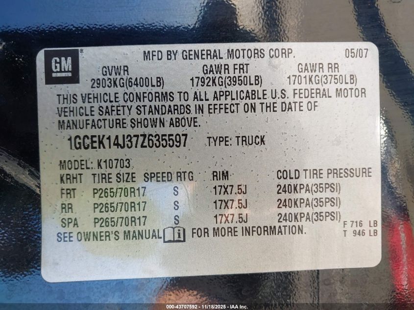 2007 Chevrolet Silverado 1500 Lt1 VIN: 1GCEK14J37Z635597 Lot: 43707592