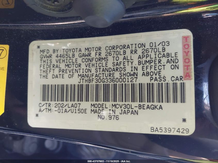 2003 Lexus Es 300 VIN: JTHBF30G336000127 Lot: 43707603