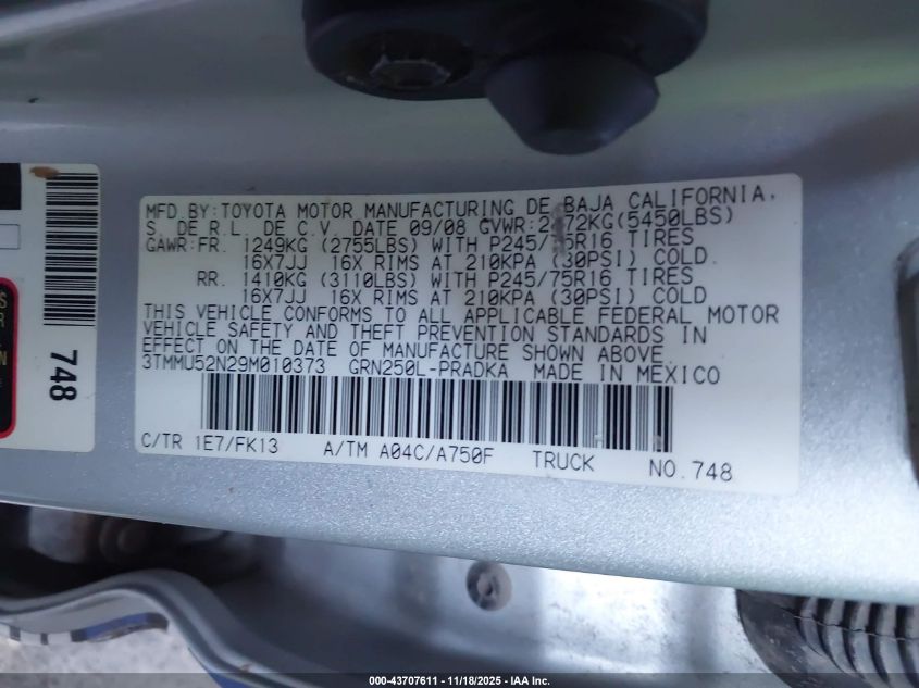 2009 Toyota Tacoma Base V6 VIN: 3TMMU52N29M010373 Lot: 43707611