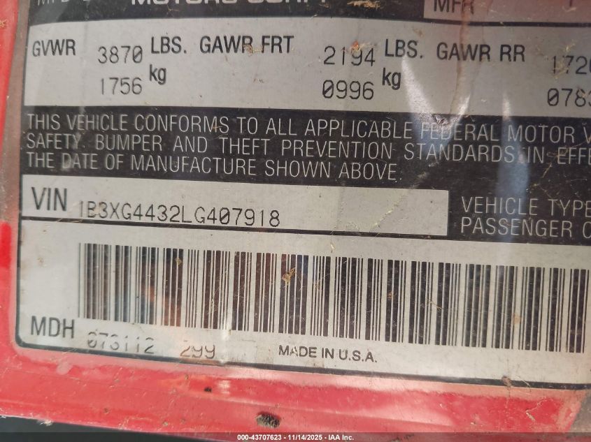 1990 Dodge Daytona Es VIN: 1B3XG4432LG407918 Lot: 43707623