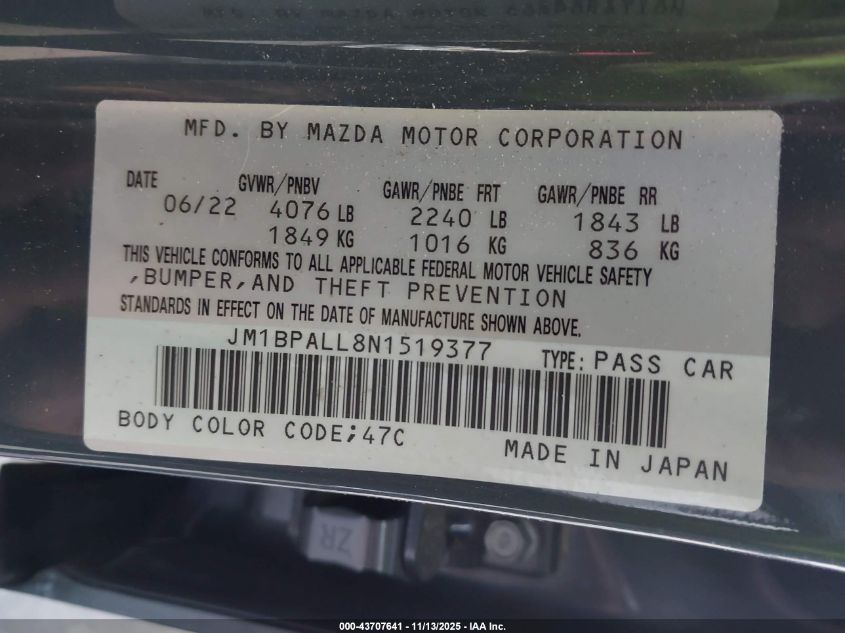 2022 Mazda Mazda3 Carbon Edition VIN: JM1BPALL8N1519377 Lot: 43707641