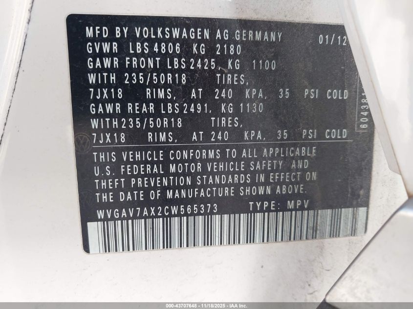 2012 Volkswagen Tiguan Se VIN: WVGAV7AX2CW565373 Lot: 43707648