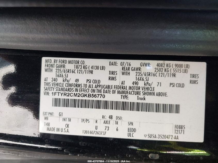 2016 Ford Transit-250 VIN: 1FTYR2CM2GKB56770 Lot: 43707684