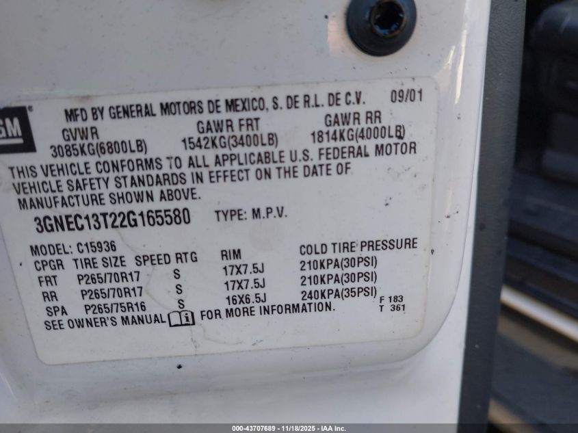 2002 Chevrolet Avalanche 1500 VIN: 3GNEC13T22G165580 Lot: 43707689