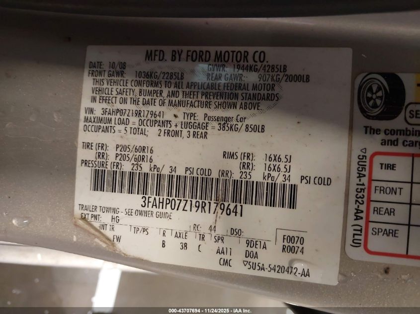 2009 Ford Fusion Se VIN: 3FAHP07Z19R179641 Lot: 43707694