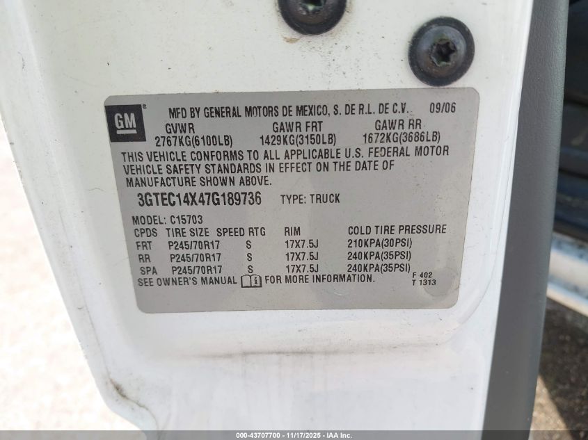 2007 GMC Sierra 1500 Classic Work VIN: 3GTEC14X47G189736 Lot: 43707700
