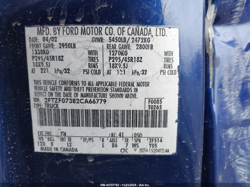 2002 Ford F-150 Lightning VIN: 2FTZF07382CA66779 Lot: 43707702