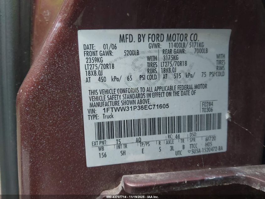 2006 Ford F-350 Lariat/Xl/Xlt VIN: 1FTWW31P36EC71605 Lot: 43707714