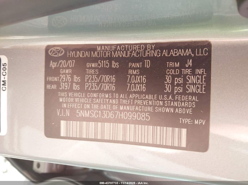 2007 Hyundai Santa Fe Gls VIN: 5NMSG13D67H099085 Lot: 43707733