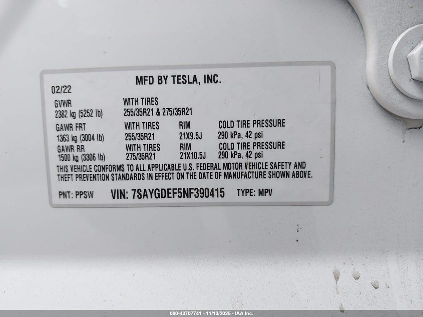 7SAYGDEF5NF390415 2022 TESLA MODEL Y photo no. 9