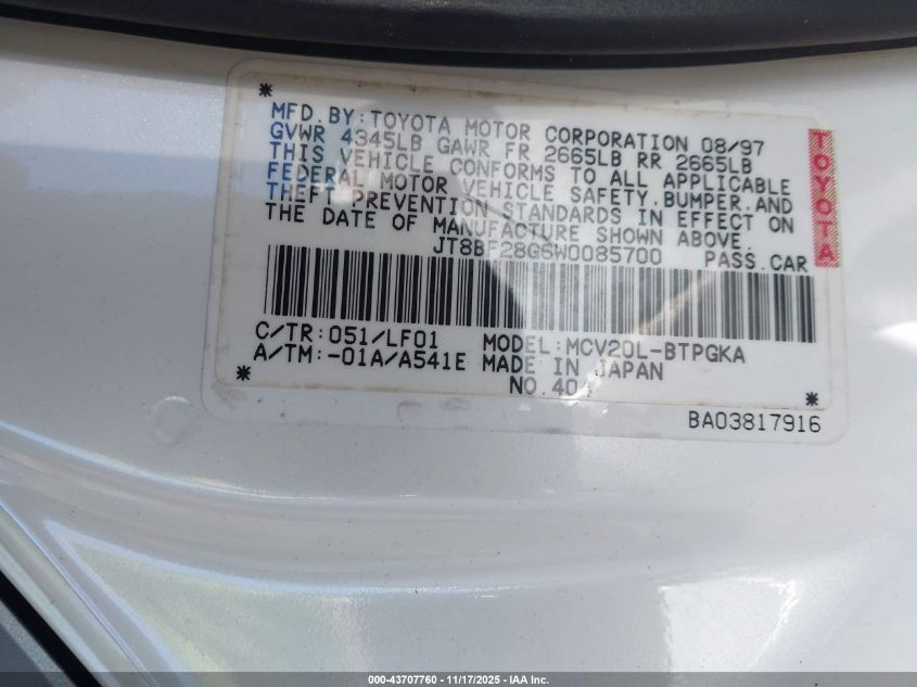 1998 Lexus Es 300 VIN: JT8BF28G6W0085700 Lot: 43707760