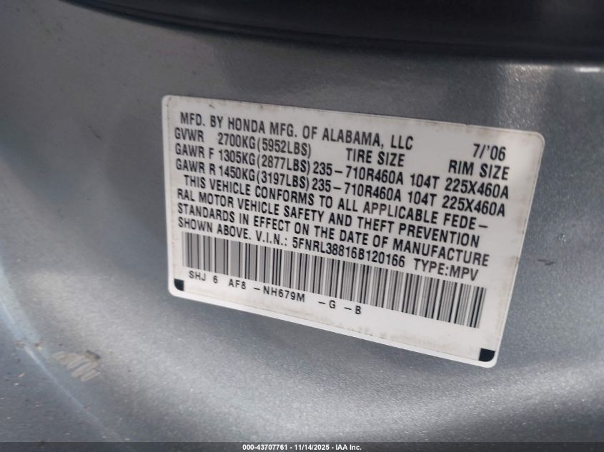 2006 Honda Odyssey Touring VIN: 5FNRL38816B120166 Lot: 43707761