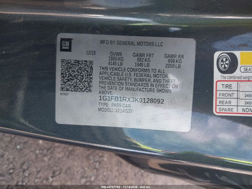 2019 Chevrolet Camaro 1Lt VIN: 1G1FB1RX3K0128092 Lot: 43707762