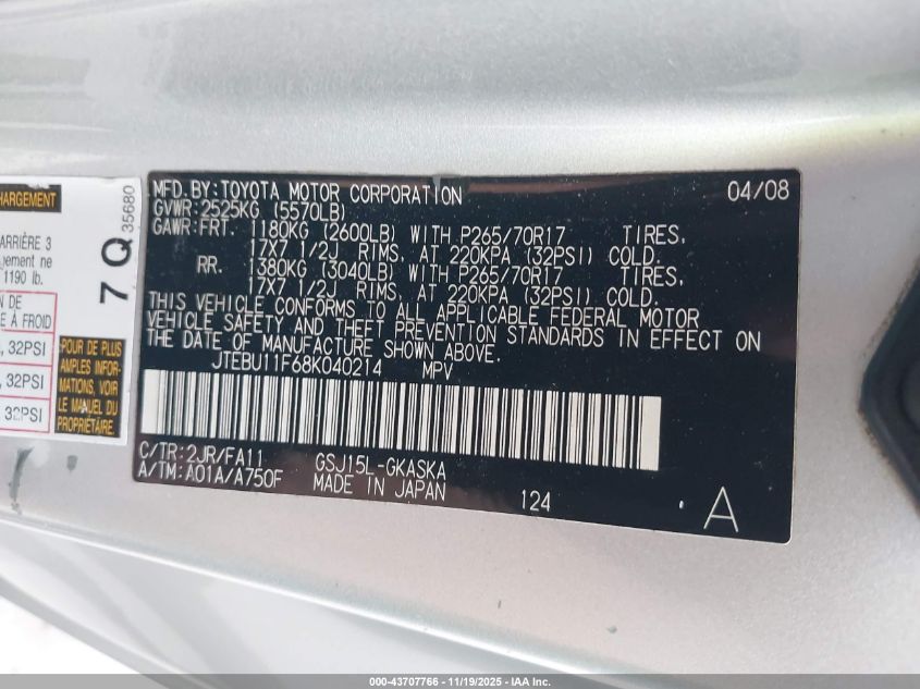 2008 Toyota Fj Cruiser VIN: JTEBU11F68K040214 Lot: 43707766