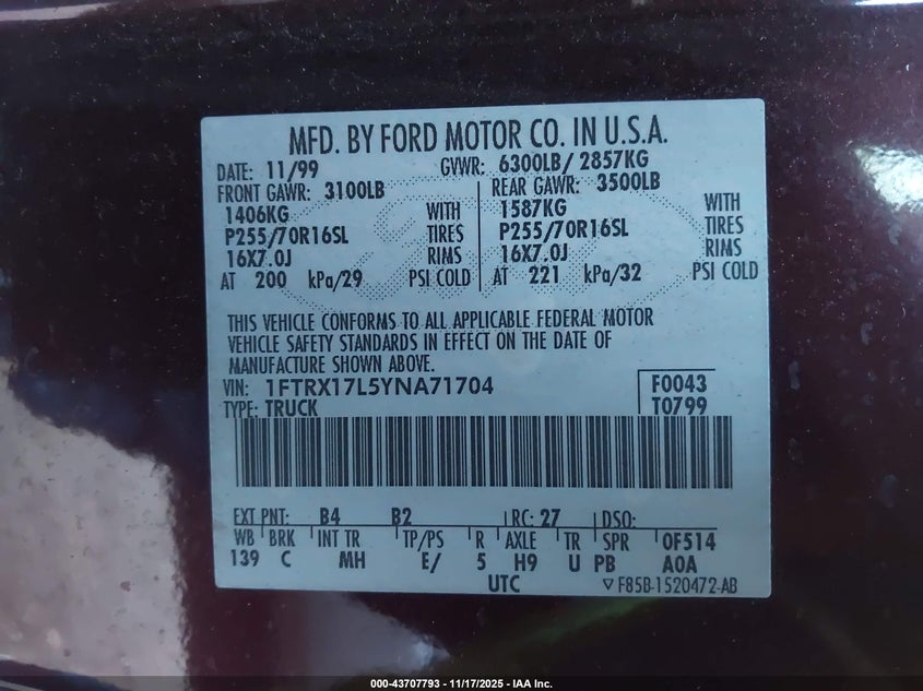 2000 Ford F-150 Lariat/Work Series/Xl/Xlt VIN: 1FTRX17L5YNA71704 Lot: 43707793