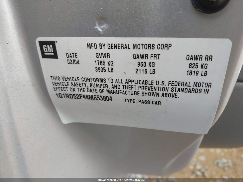 2004 Chevrolet Classic VIN: 1G1ND52F44M653804 Lot: 43707830