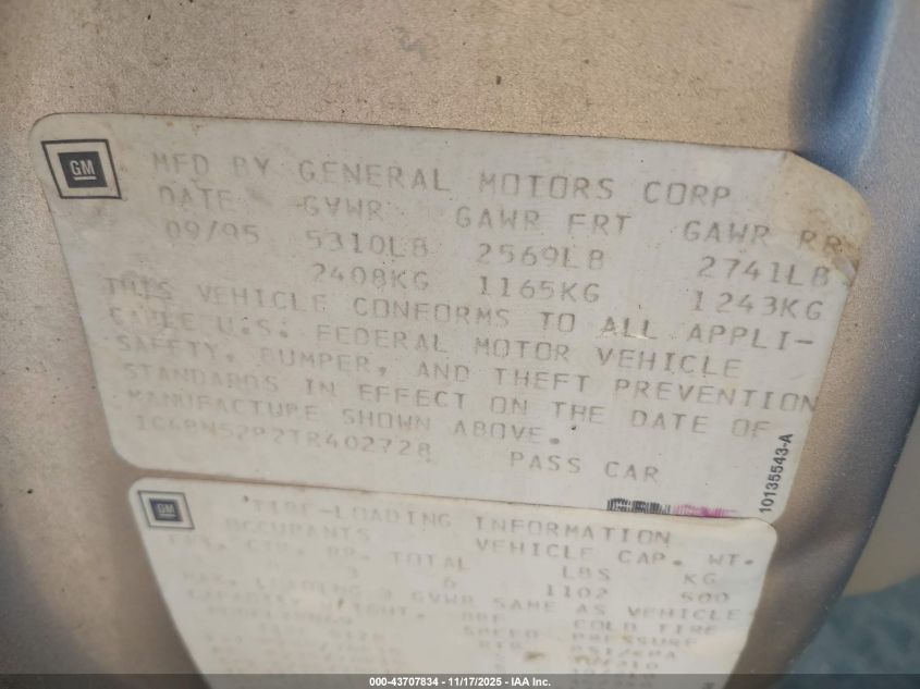 1996 Buick Roadmaster VIN: 1G4BN52P2TR402728 Lot: 43707834