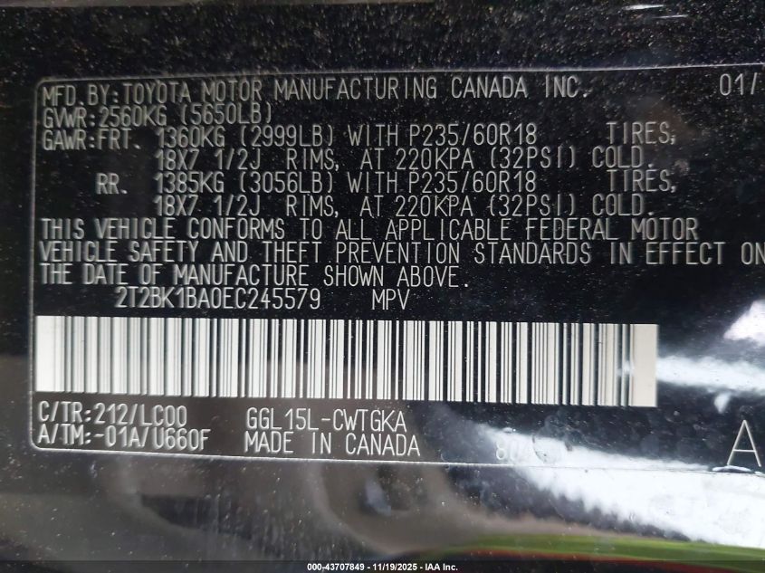 2014 Lexus Rx 350 VIN: 2T2BK1BA0EC245579 Lot: 43707849