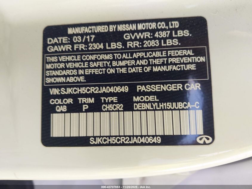 2018 Infiniti Qx30 Premium VIN: SJKCH5CR2JA040649 Lot: 43707853