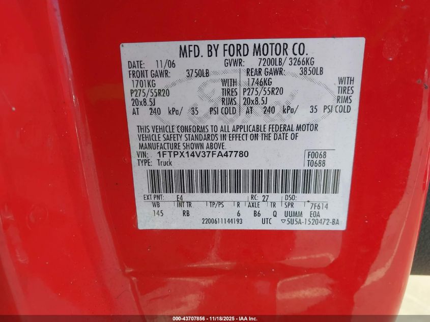 2007 Ford F-150 Fx4/Lariat/Xl/Xlt VIN: 1FTPX14V37FA47780 Lot: 43707856