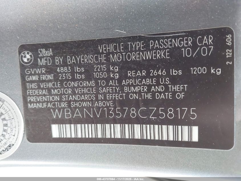 2008 BMW 528Xi VIN: WBANV13578CZ58175 Lot: 43707864
