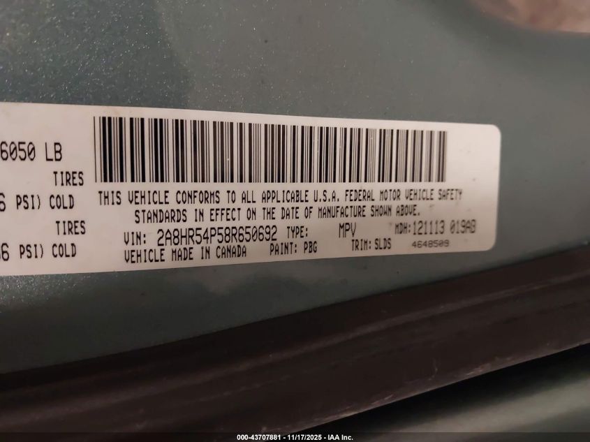 2008 Chrysler Town & Country Touring VIN: 2A8HR54P58R650692 Lot: 43707881