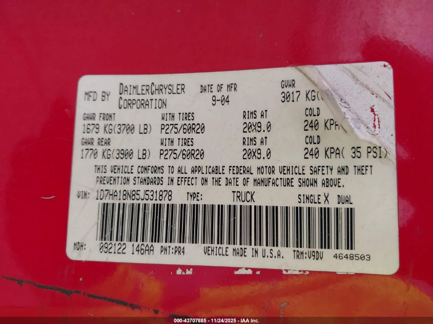 2005 Dodge Ram 1500 Slt/Laramie VIN: 1D7HA18N85J531878 Lot: 43707885