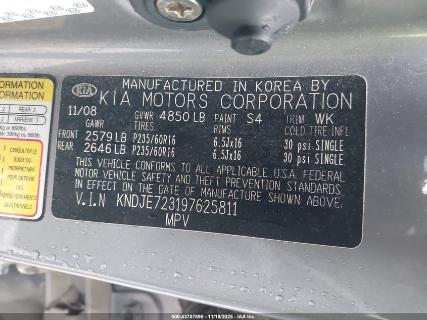 2009 Kia Sportage Ex V6 VIN: KNDJE723197625811 Lot: 43707895