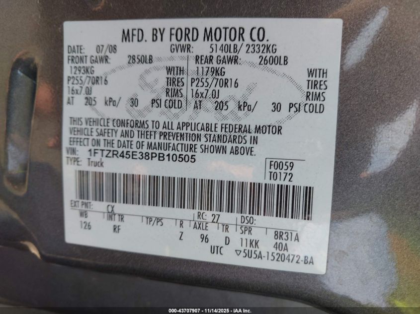 2008 Ford Ranger Fx4 Off-Road/Sport/Xlt VIN: 1FTZR45E38PB10505 Lot: 43707907