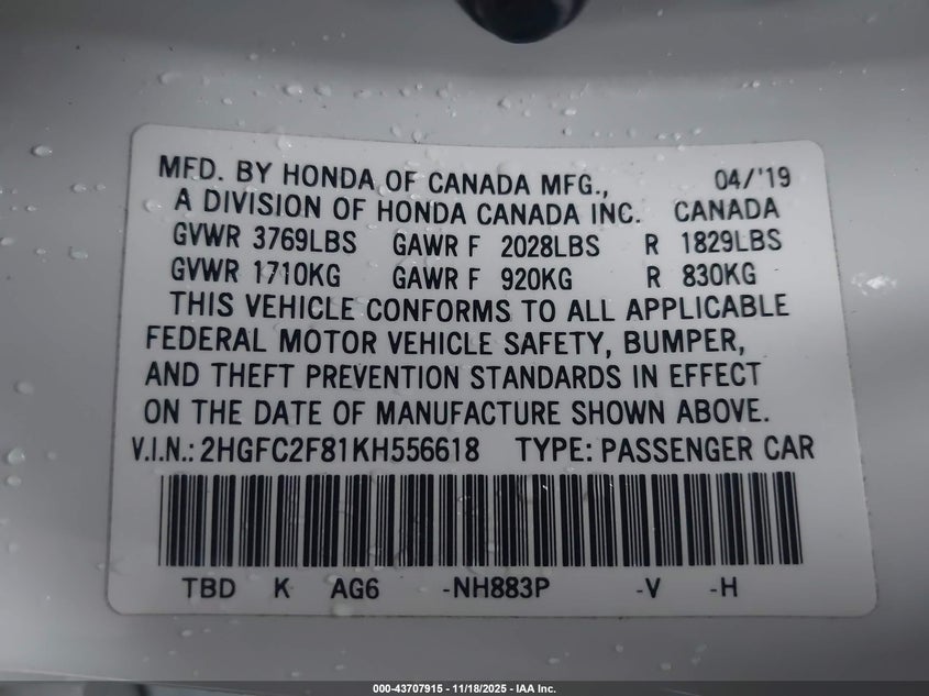 VIN 2HGFC2F81KH556618 2019 HONDA CIVIC SPORT