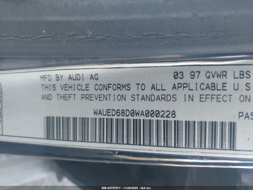 1998 Audi A4 2.8 VIN: WAUED68D0WA000228 Lot: 43707917