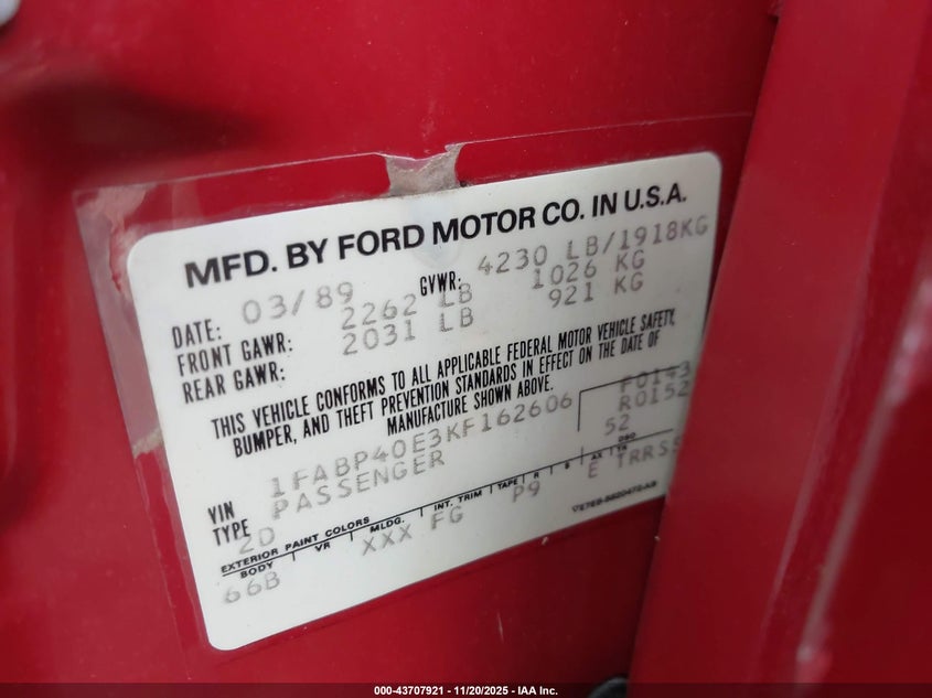 1989 Ford Mustang Lx VIN: 1FABP40E3KF162606 Lot: 43707921