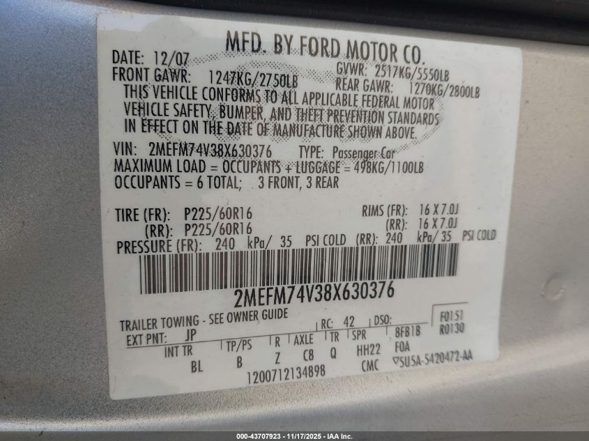 2008 Mercury Grand Marquis Gs VIN: 2MEFM74V38X630376 Lot: 43707923