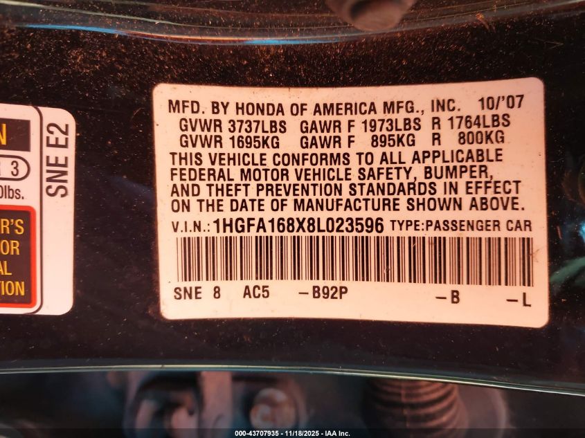 2008 Honda Civic Ex VIN: 1HGFA168X8L023596 Lot: 43707935