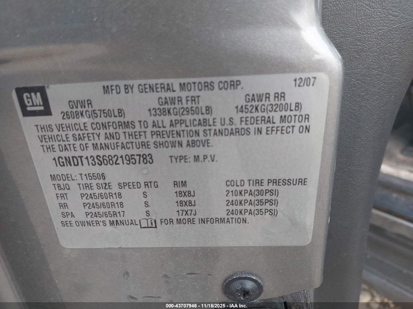 2008 Chevrolet Trailblazer Lt VIN: 1GNDT13S682195783 Lot: 43707946