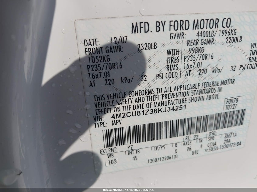 2008 Mercury Mariner I4 VIN: 4M2CU81Z38KJ34251 Lot: 43707955